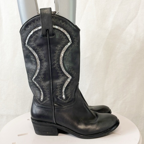 Reba Genuine Leather Womens Sz 6.5M Glitter Embellished Western Black Boots - Picture 4 of 11